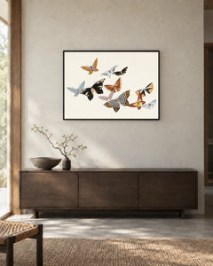 Patterned Butterflies — styled room visualisation in a black frame