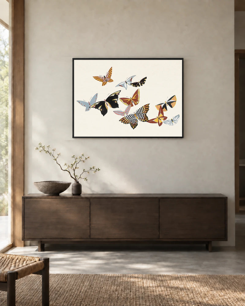 Patterned Butterflies — styled room visualisation in a black frame