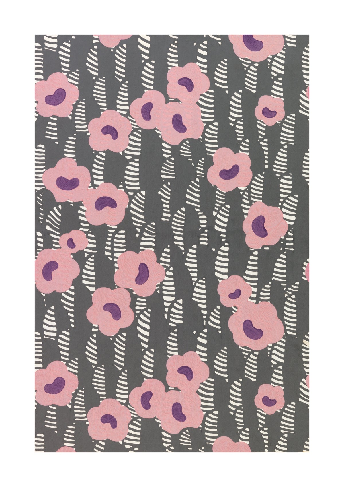 Pink Floral Sidewall Art Print by René Crevel. Pink flowers punctuate a rhythmic grey-and-cream pattern in René Crevel’s Sidewall design