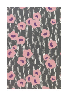 Pink Floral Sidewall Art Print by René Crevel. Pink flowers punctuate a rhythmic grey-and-cream pattern in René Crevel’s Sidewall design