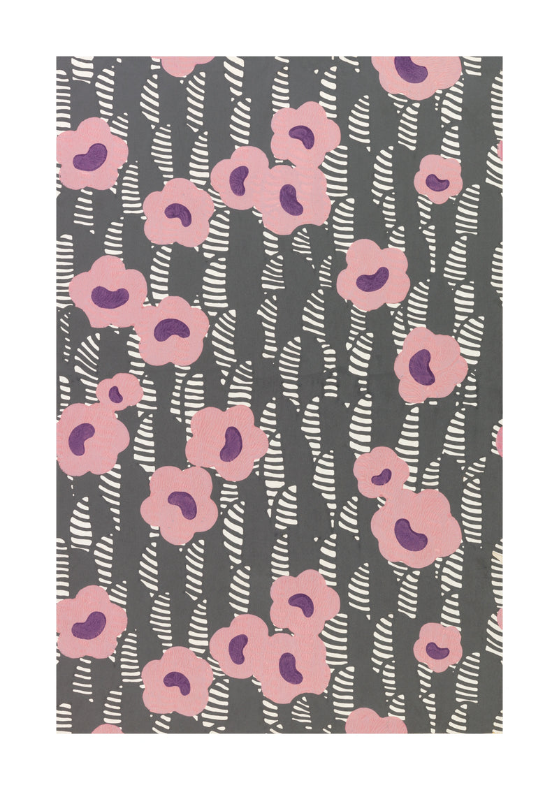 Pink Floral Sidewall Art Print by René Crevel. Pink flowers punctuate a rhythmic grey-and-cream pattern in René Crevel’s Sidewall design