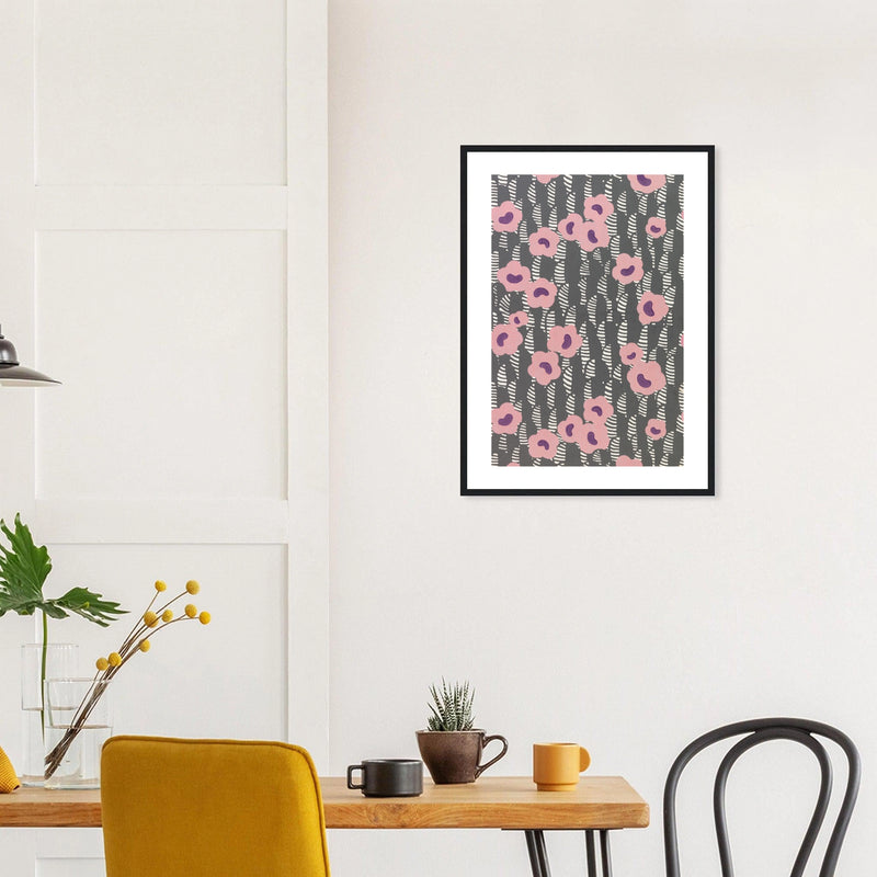 Sidewall — Pink Flowers in a black frame above a dining table; styled room mockup