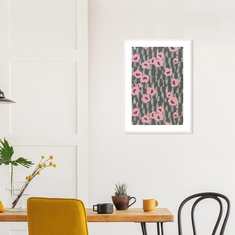 Sidewall — Pink Flowers in a white frame above a dining table; styled room mockup
