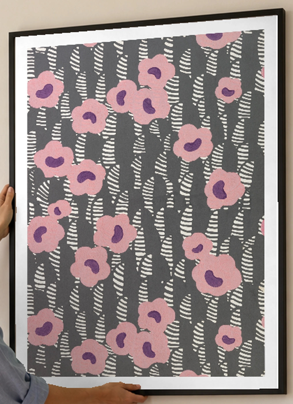 Pink Floral Sidewall Art Print by René Crevel in a black frame; close-up of the framed artwork.