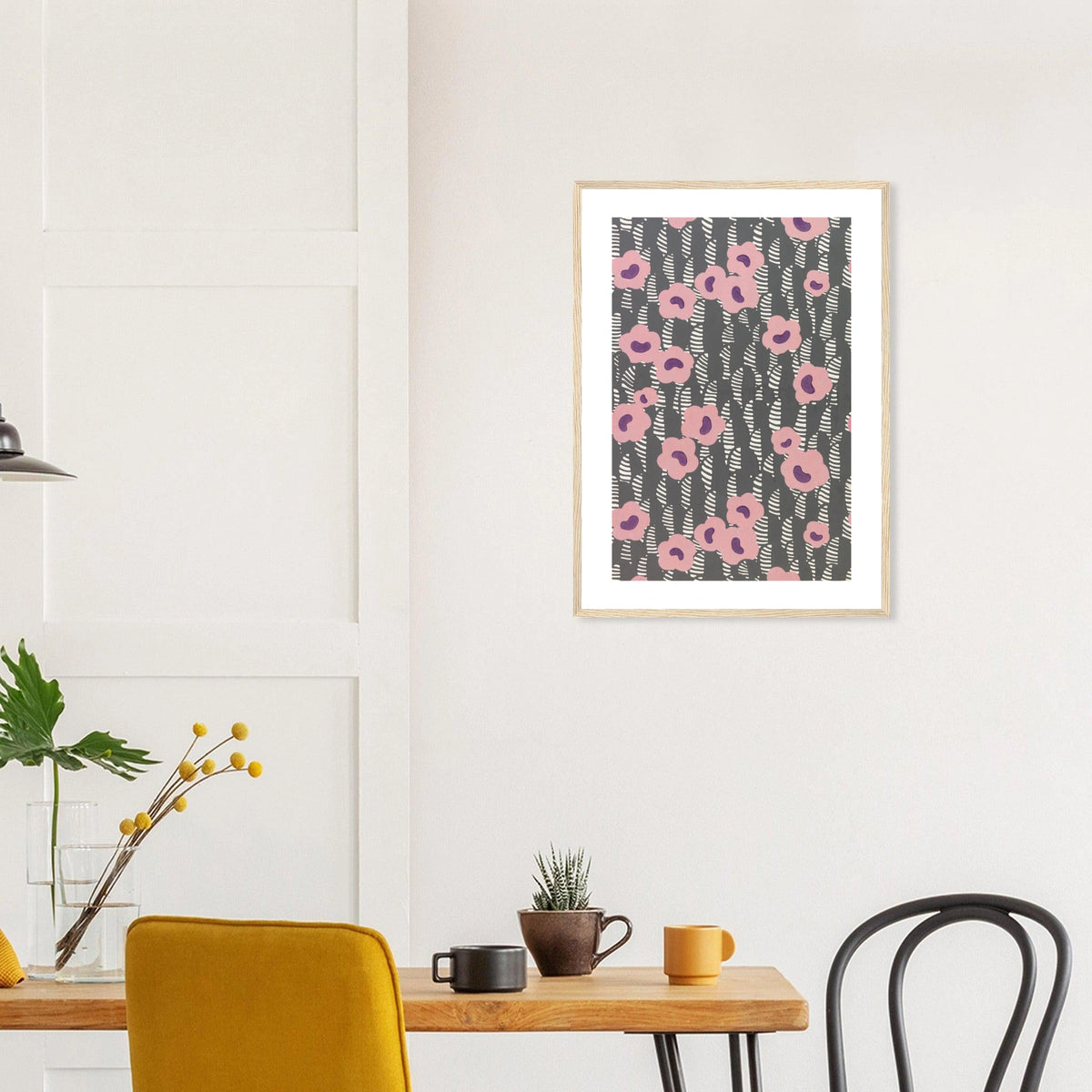 Sidewall — Pink Flowers in a natural wood frame above a dining table; styled room mockup