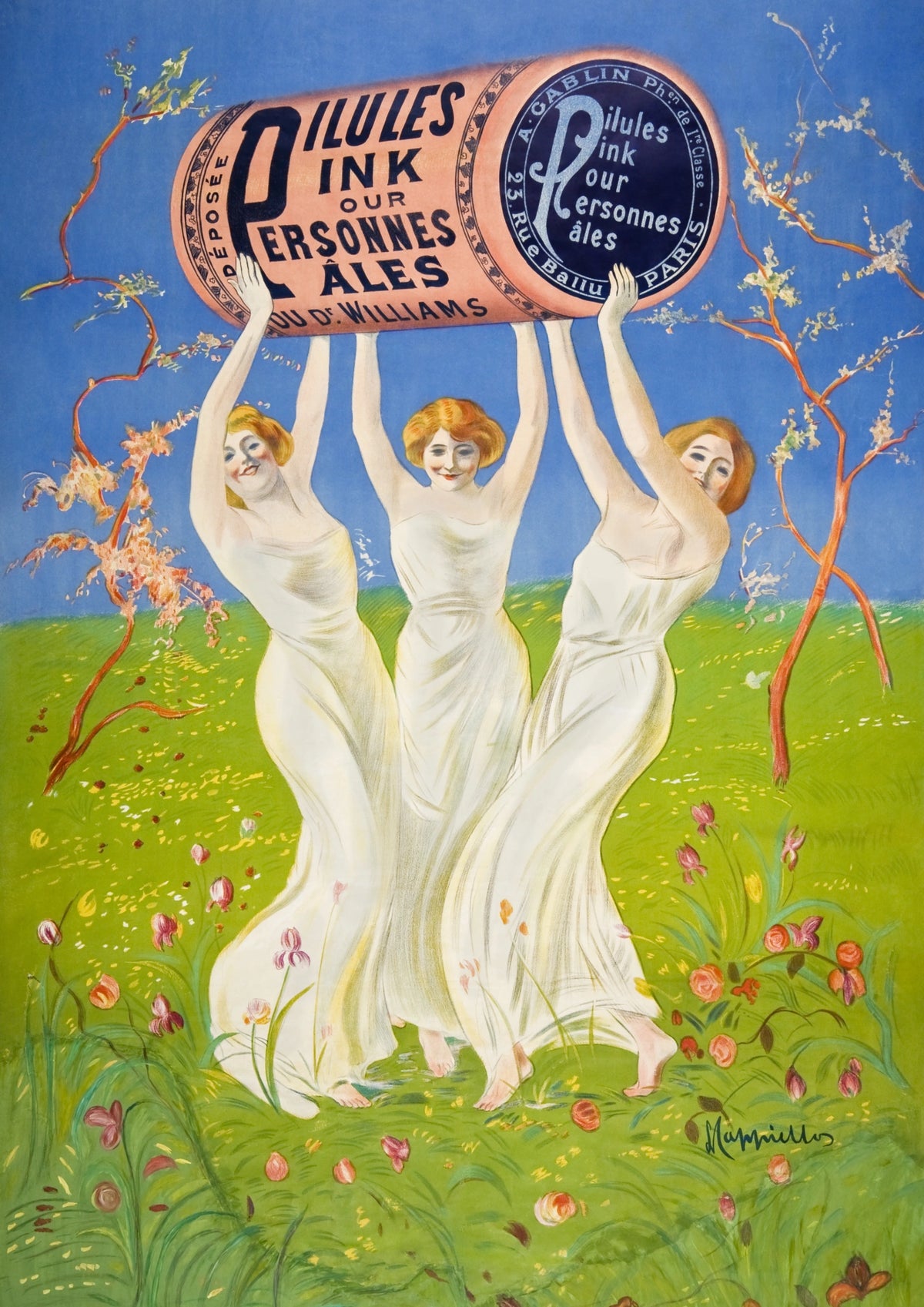 Pink Pills for Pale People Art Print by Leonetto Cappiello. Three white-clad figures lift an oversized pink package against a bright blue sky