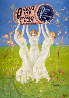 Pink Pills for Pale People Art Print by Leonetto Cappiello. Three white-clad figures lift an oversized pink package against a bright blue sky