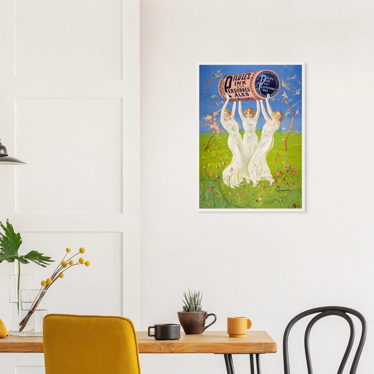 Pink Pills for Pale People in a white frame above a dining table; styled room mockup