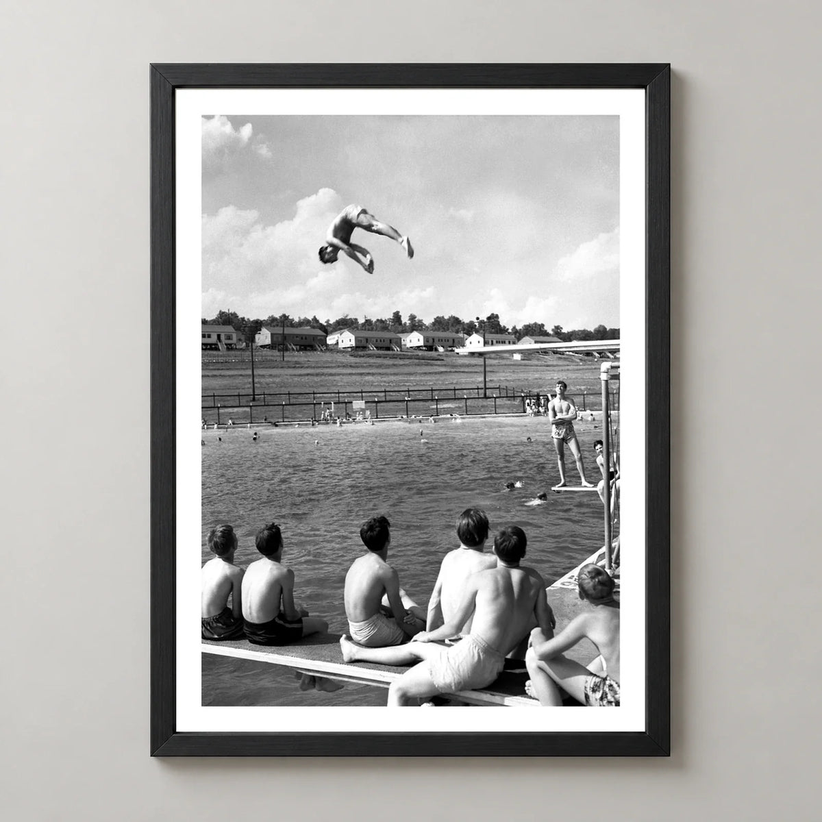 Poolside Oak Ridge Vintage Photographic Print (1947) — realistic black frame studio view with white border