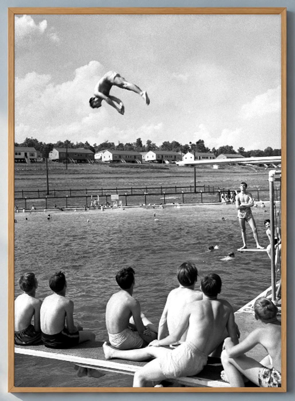 Poolside Oak Ridge Vintage Photographic Print (1947) in a natural wood frame; close-up of the framed artwork.