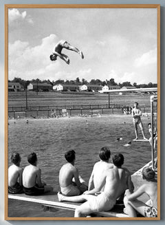 Poolside Oak Ridge Vintage Photographic Print (1947) in a natural wood frame; close-up of the framed artwork.