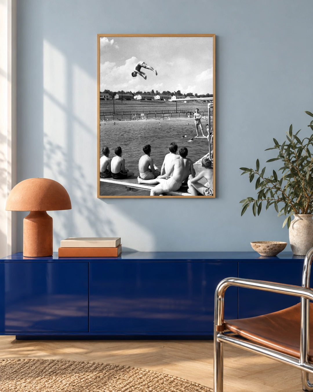 Poolside Oak Ridge Vintage Photographic Print (1947) in a natural wood frame; styled modern setting.