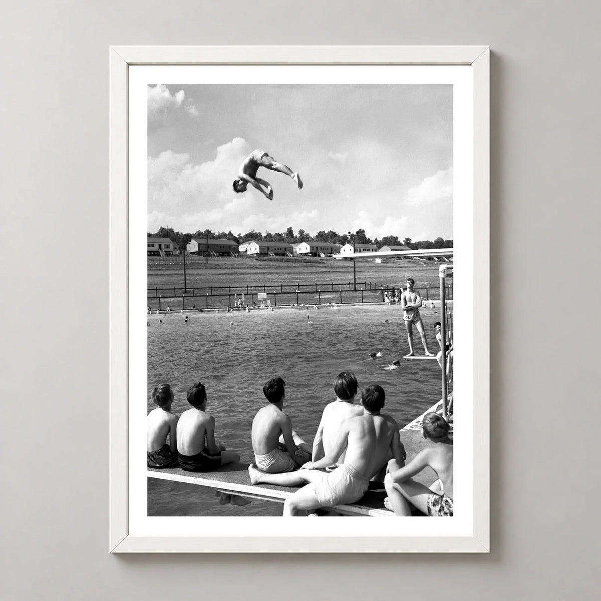Poolside Oak Ridge Vintage Photographic Print (1947) — realistic white frame studio view with white border