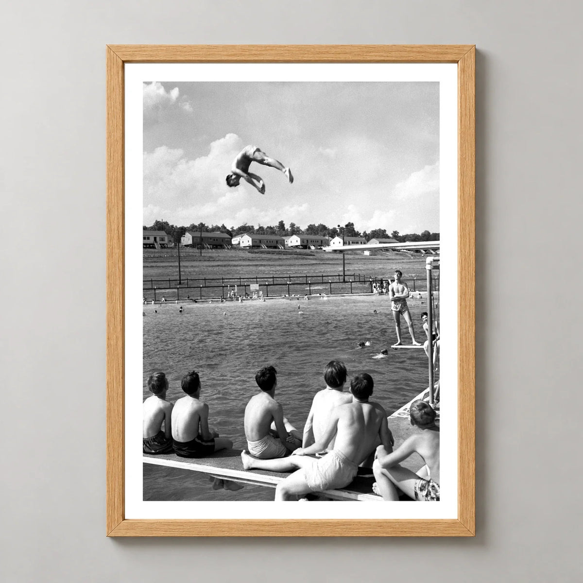 Poolside Oak Ridge Vintage Photographic Print (1947) — realistic natural wood frame studio view with white border