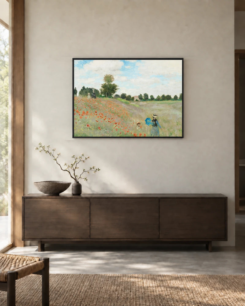 Poppies near Argenteuil — styled room visualisation in a black frame