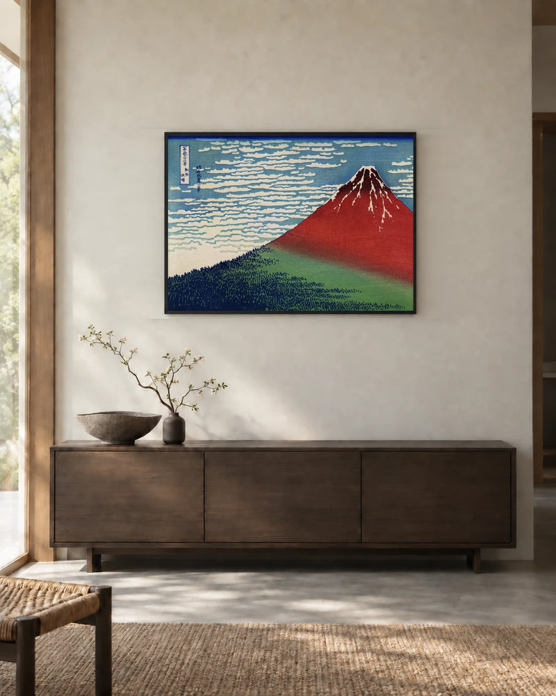 Red Fuji — Fine Wind, Clear Morning — styled room visualisation in a black frame