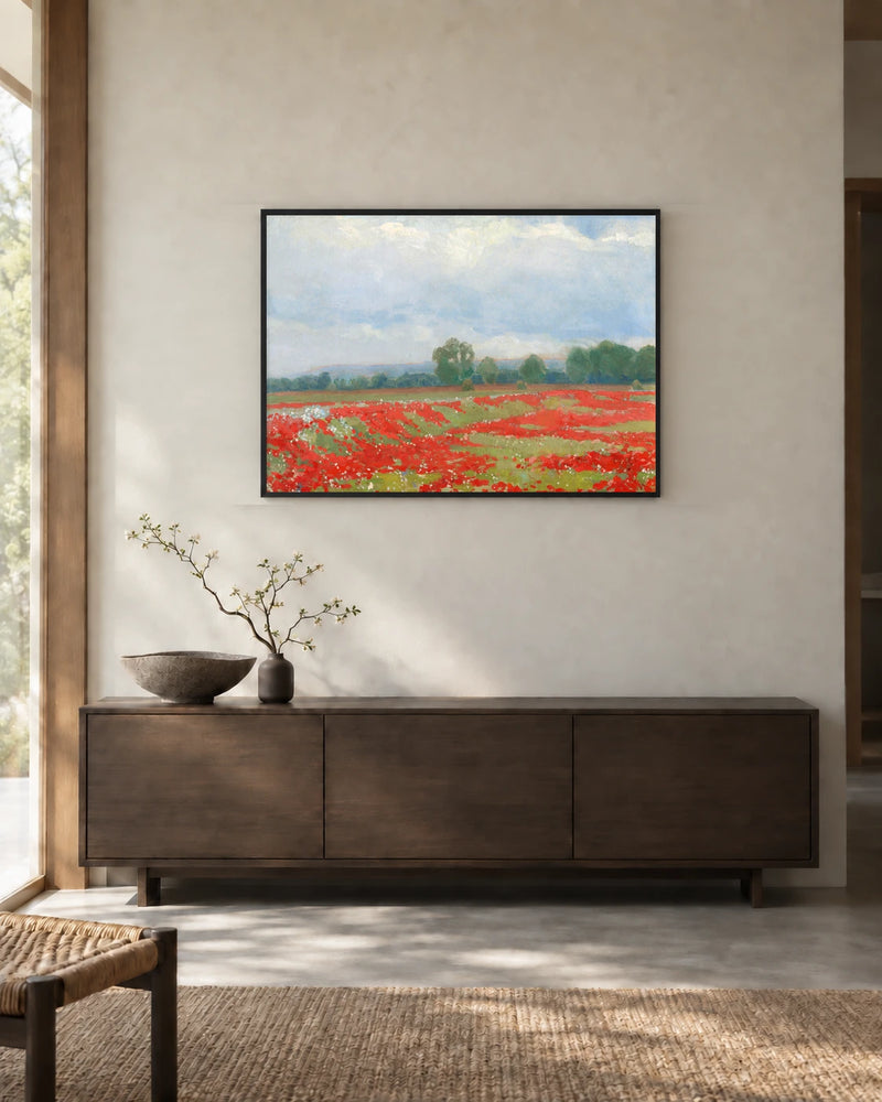 Red Poppy Field — styled room visualisation in a black frame