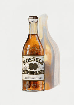 Roessle Premium Lager vintage beer poster from 1880, with an amber bottle and warm shadow on cream paper