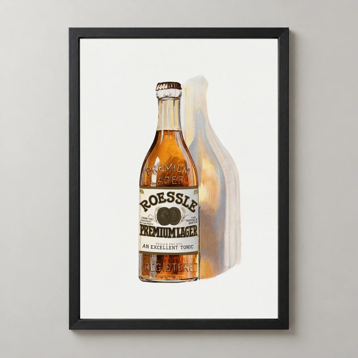 Roessle Premium Lager Vintage Beer Poster (1880) in a black frame, front view
