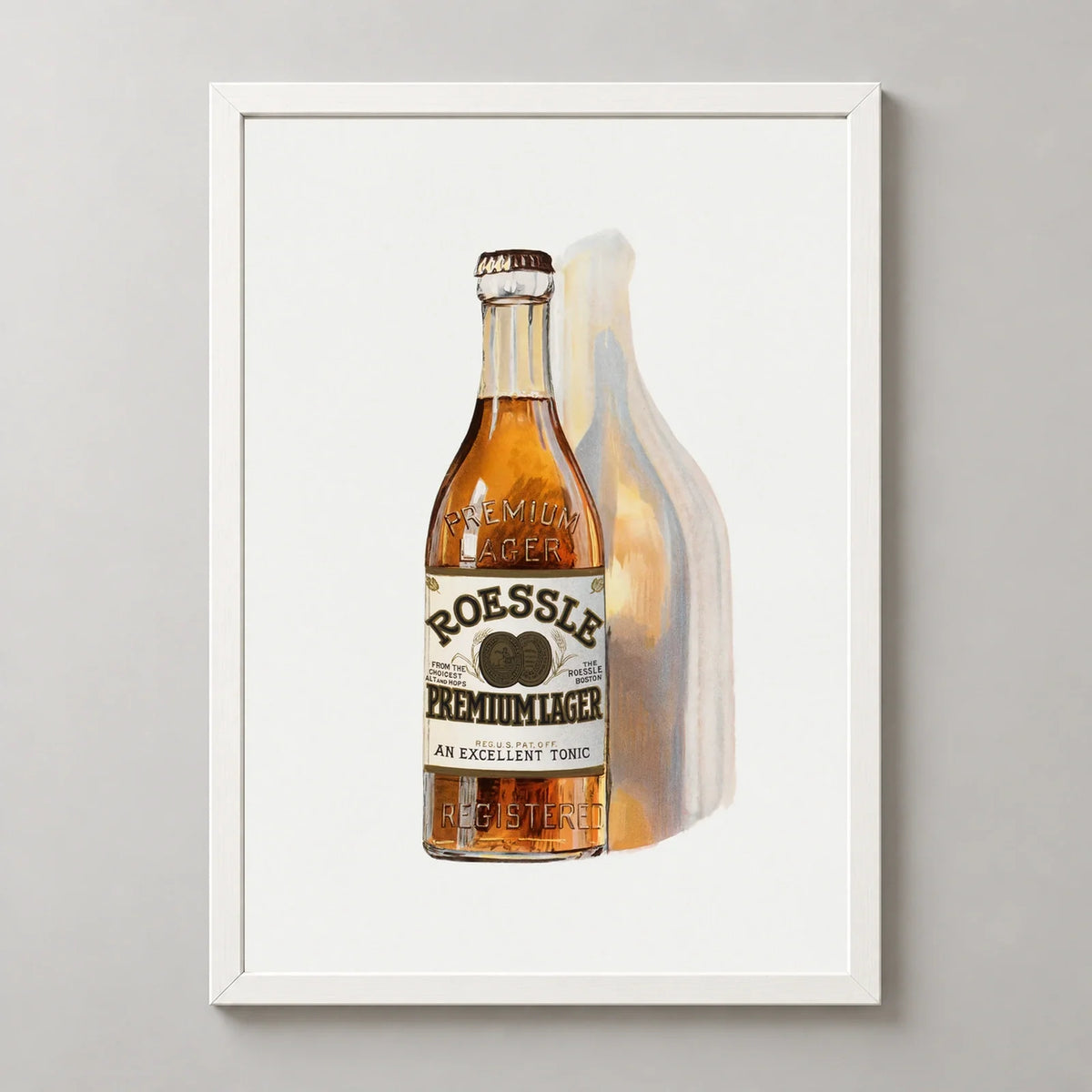 Roessle Premium Lager Vintage Beer Poster (1880) in a white frame, front view