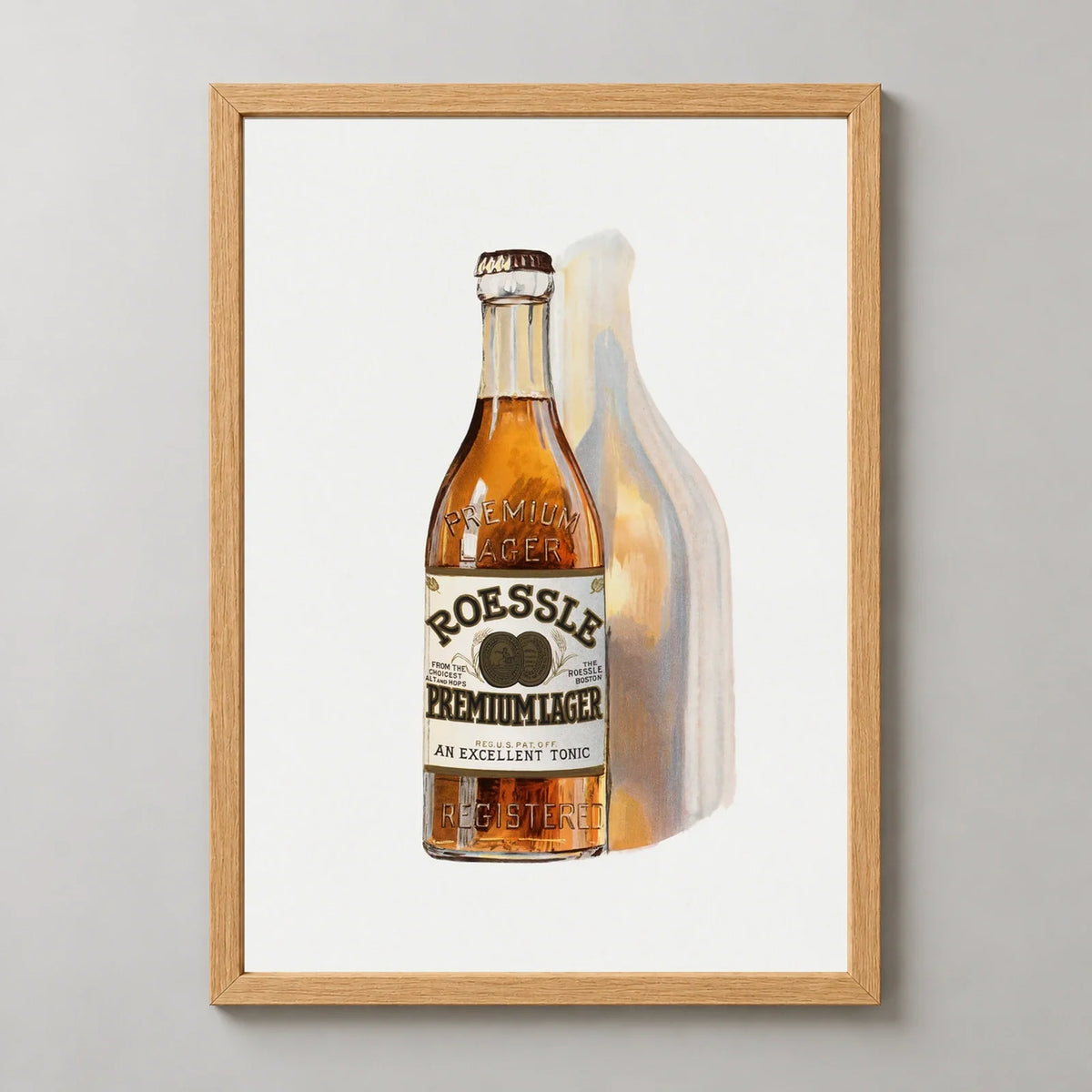 Roessle Premium Lager Vintage Beer Poster (1880) in a natural wood frame, front view
