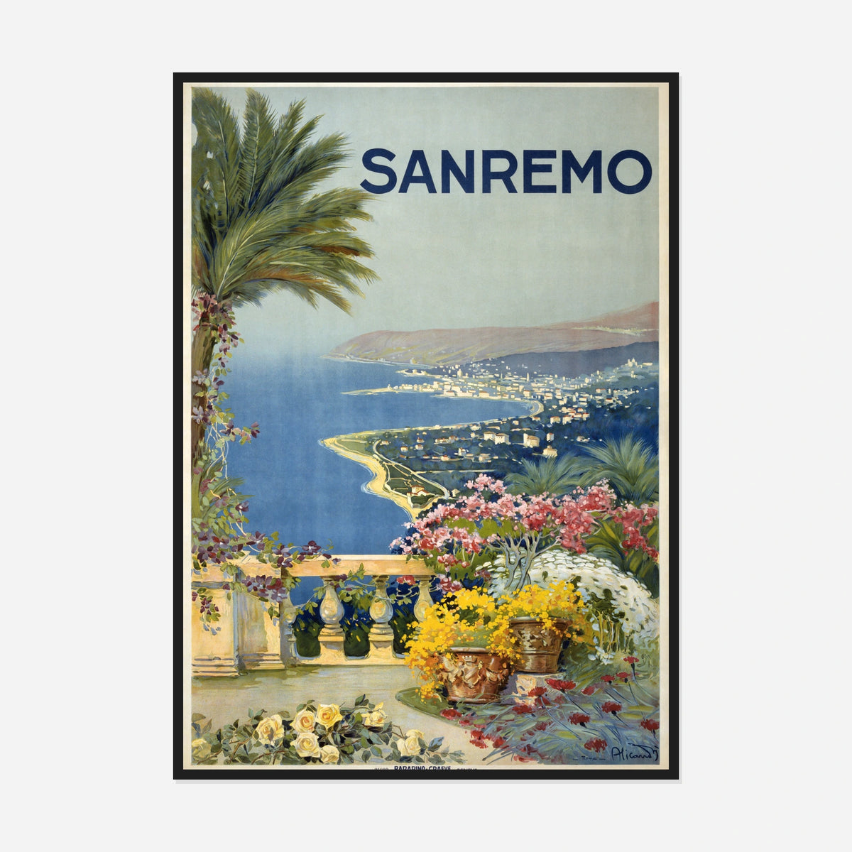 Sanremo — Terrace and Palms — front view in a black frame
