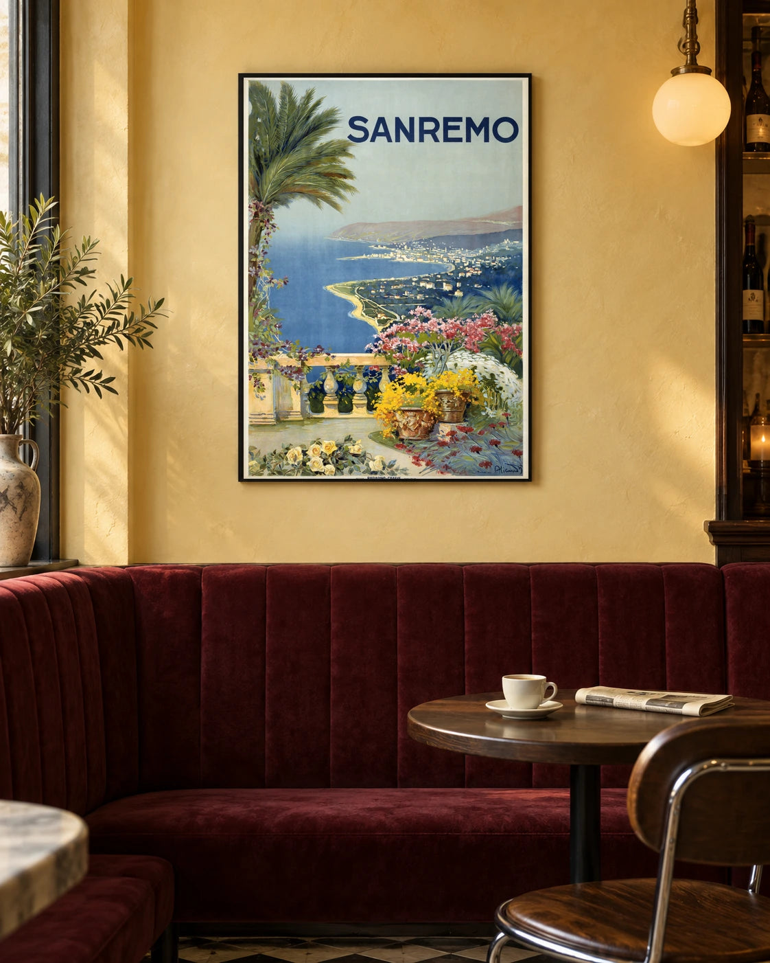Sanremo — Terrace and Palms — styled room visualisation in a black frame