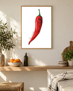 Single Red Chilli — styled room visualisation in a natural wood frame