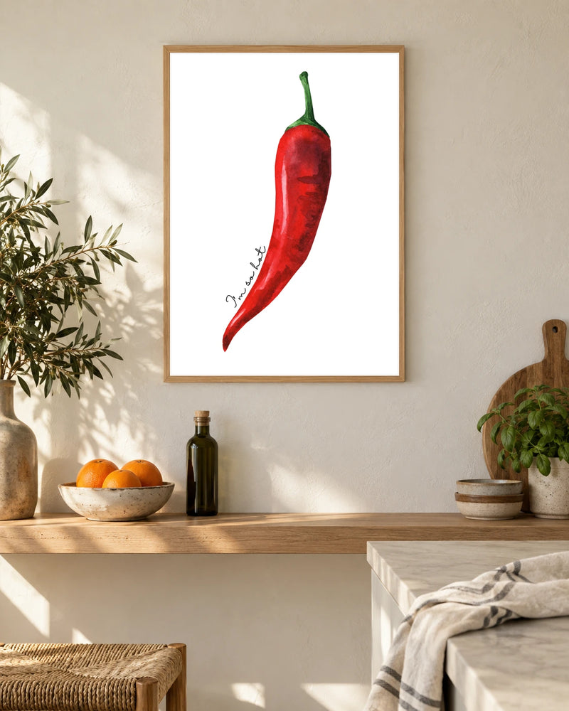 Single Red Chilli — styled room visualisation in a natural wood frame
