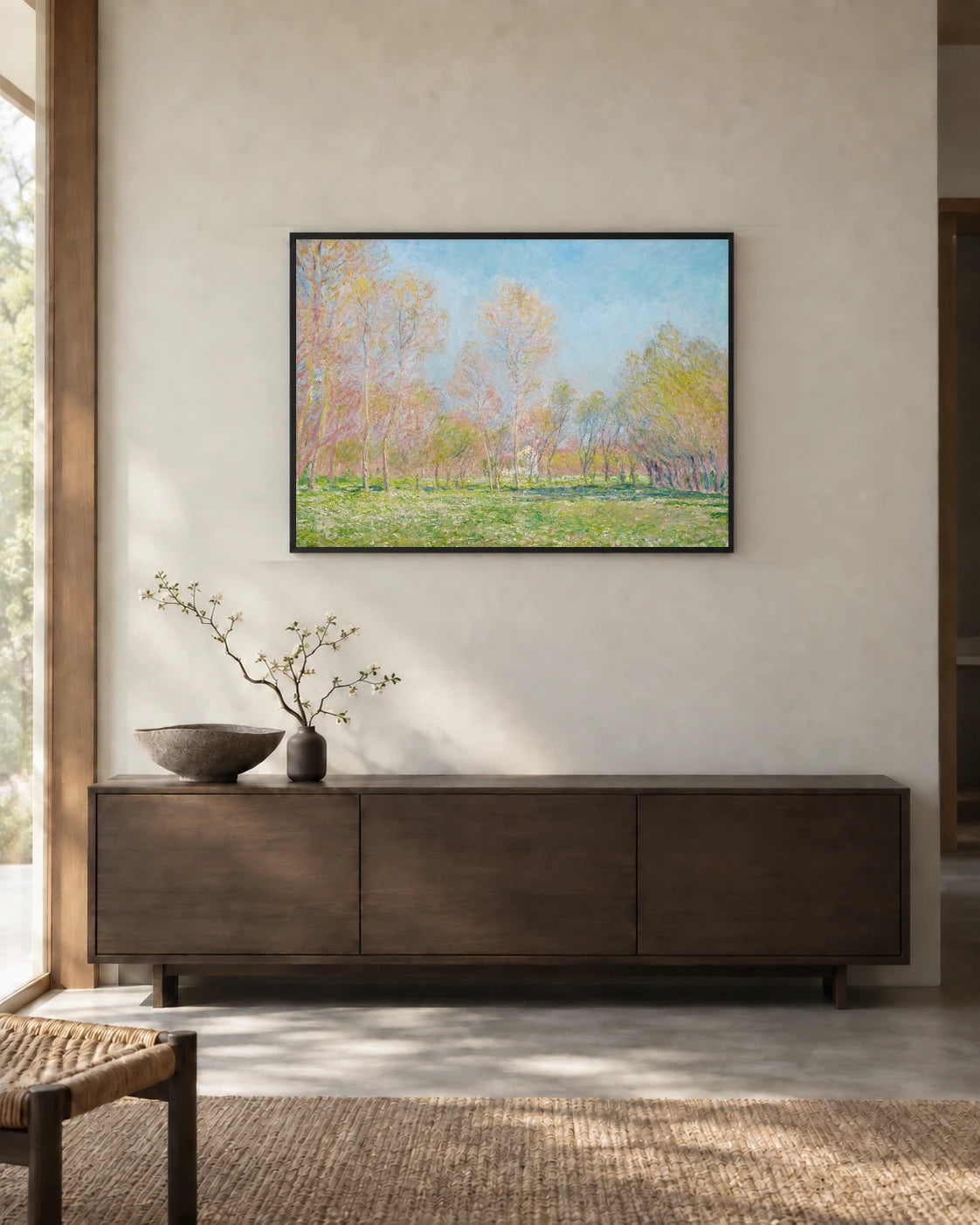 Spring Orchard — styled room visualisation in a black frame