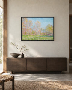 Spring Orchard — styled room visualisation in a black frame