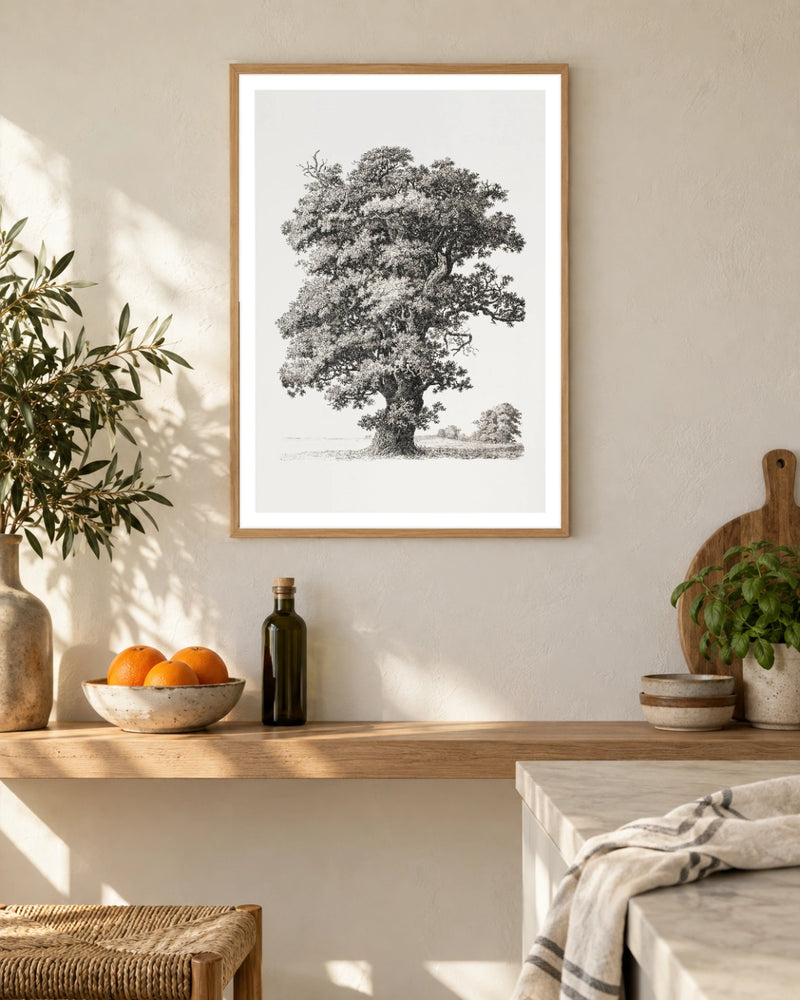 Studies after Nature Tree Art Print by S. H. Petersen in a natural wood frame; styled kitchen setting.