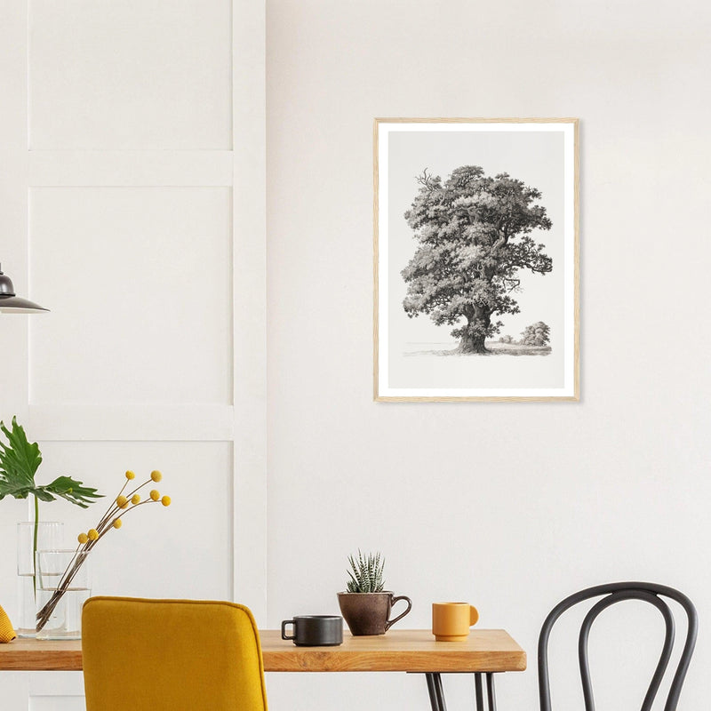 Studies after Nature — Tree in a natural wood frame above a dining table; styled room mockup