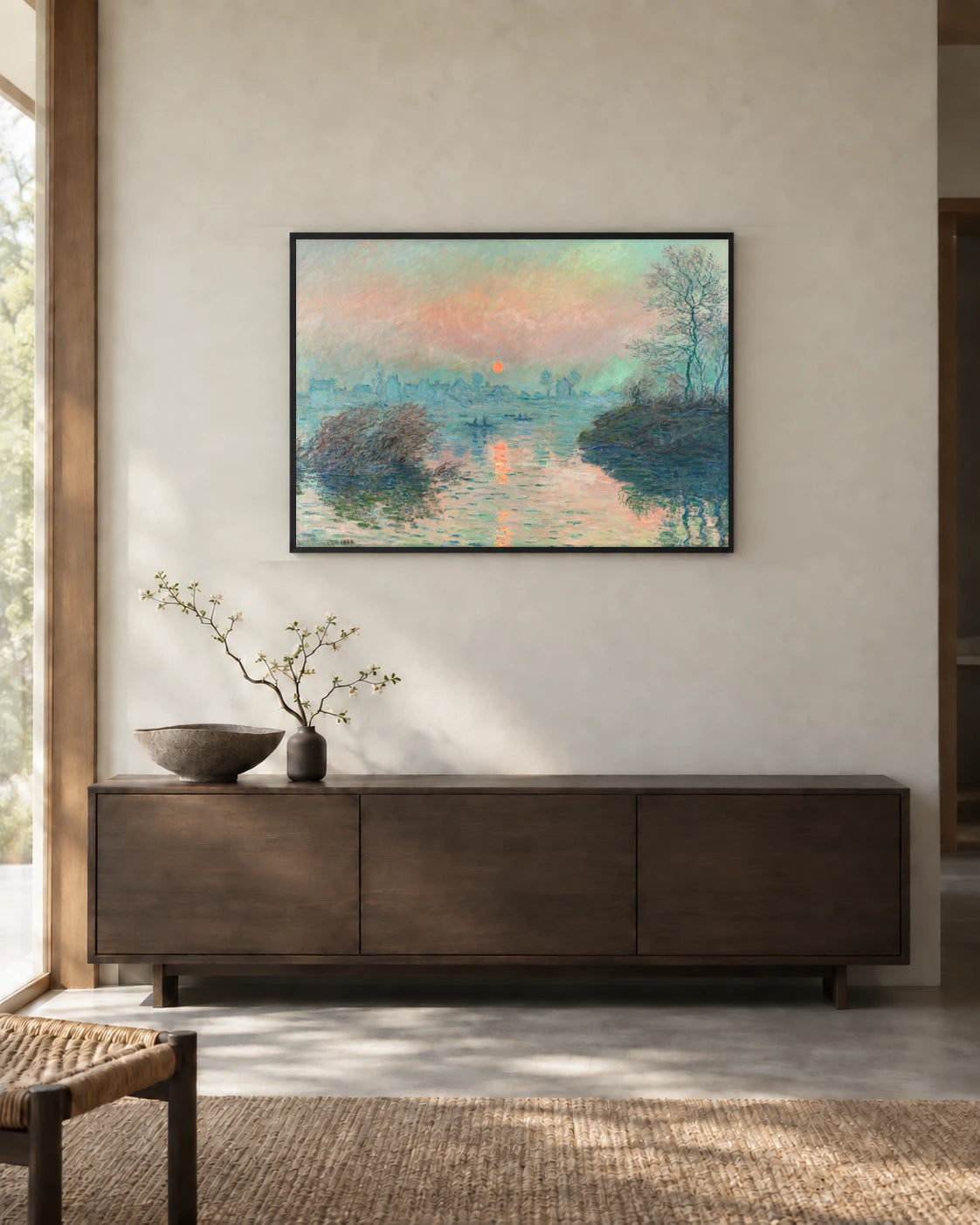 Sunset on the Seine at Lavacourt Art Print by Claude Monet in a styled interior