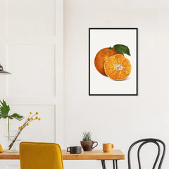 Tangerine Study in a black frame above a dining table; styled room mockup