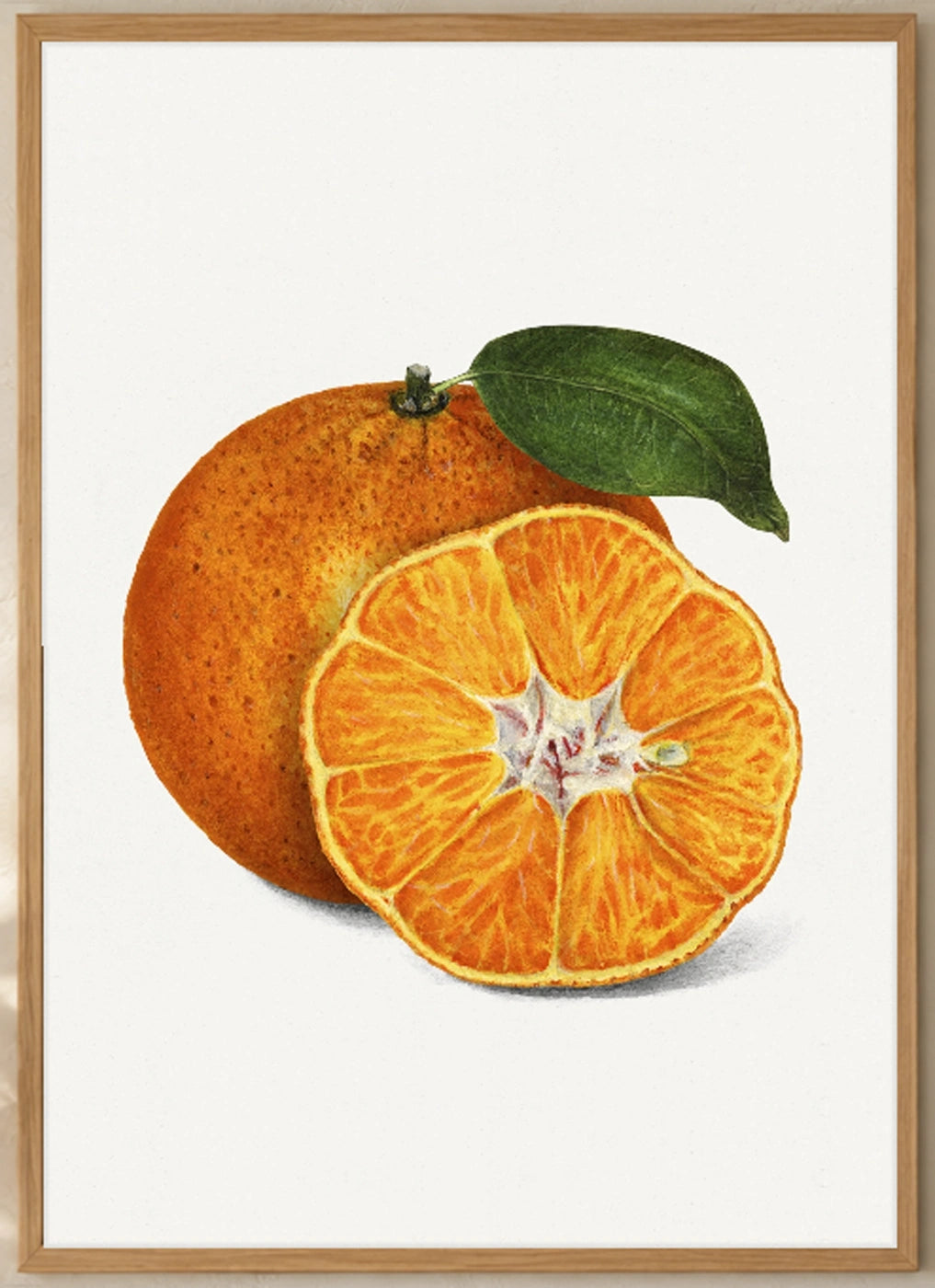 Tangerine Botanical Illustration Art Print in a natural wood frame; close-up of the framed artwork.