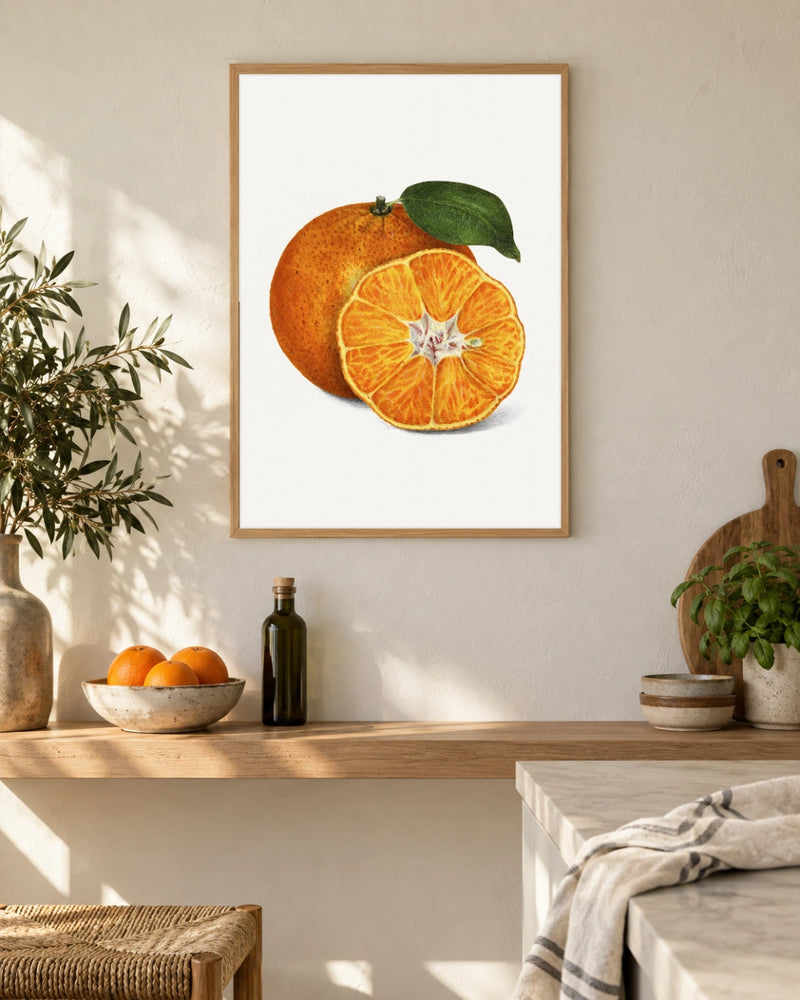 Tangerine Botanical Illustration Art Print in a natural wood frame; styled kitchen setting.