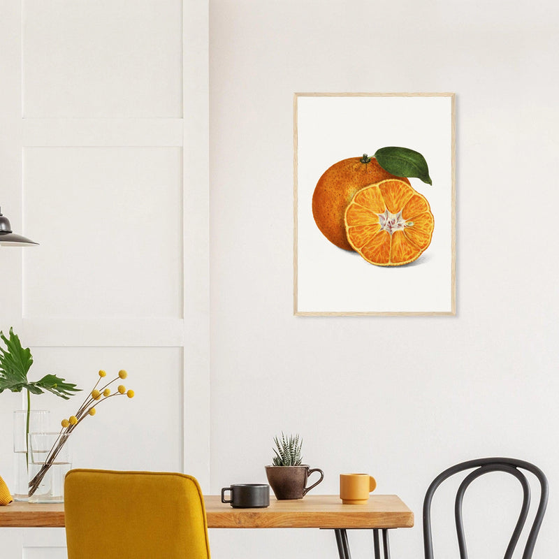 Tangerine Study in a natural wood frame above a dining table; styled room mockup