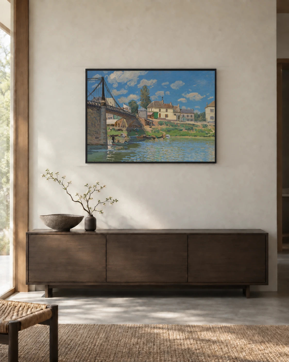 The Bridge at Villeneuve-la-Garenne Art Print by Alfred Sisley in a styled interior
