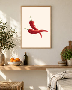 Three Red Chillies — styled room visualisation in a natural wood frame