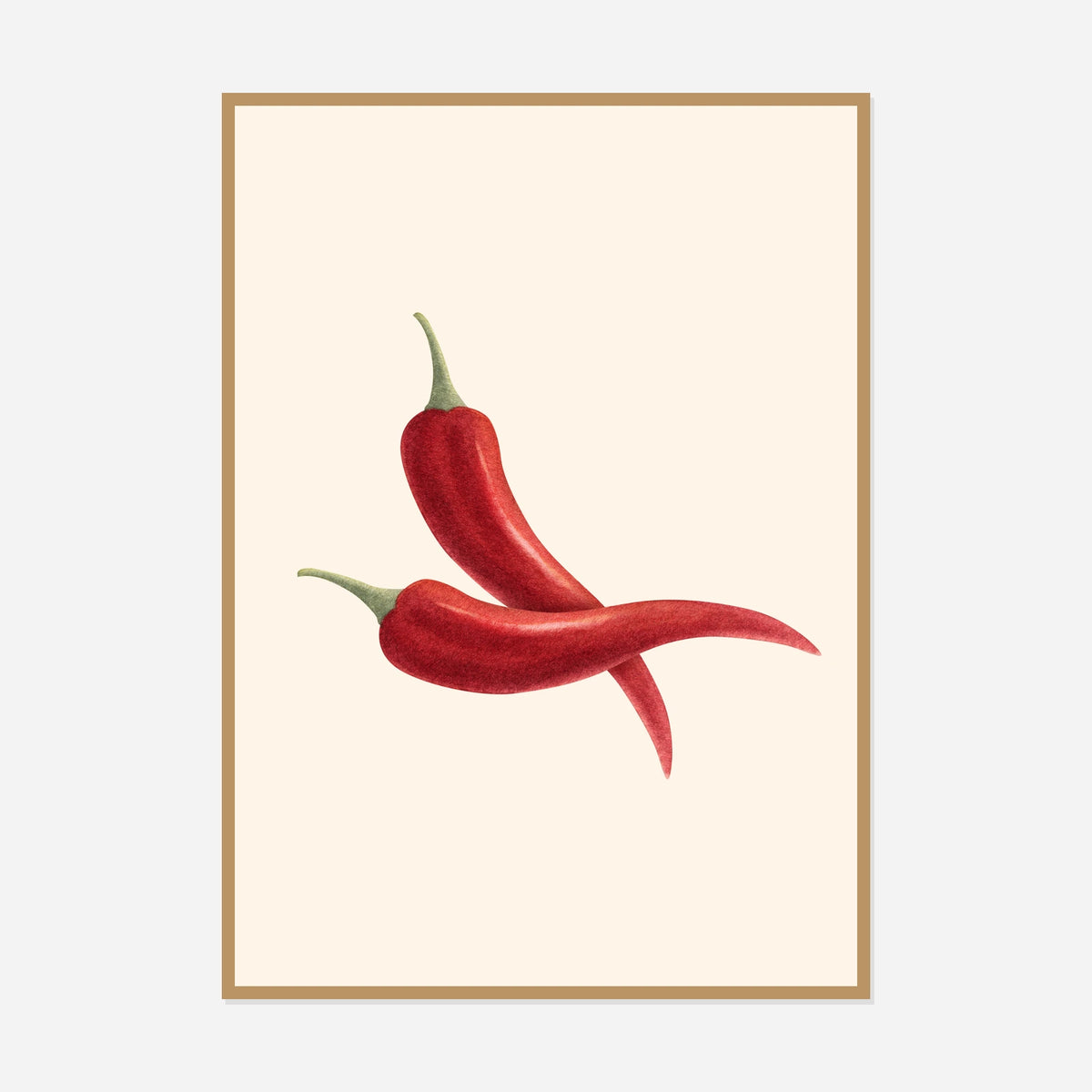 Three Red Chillies — front view in a natural wood frame