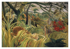 Tiger in a Tropical Storm Art Print by Henri Rousseau. A tiger crouches beneath wind-swept foliage in a richly layered jungle
