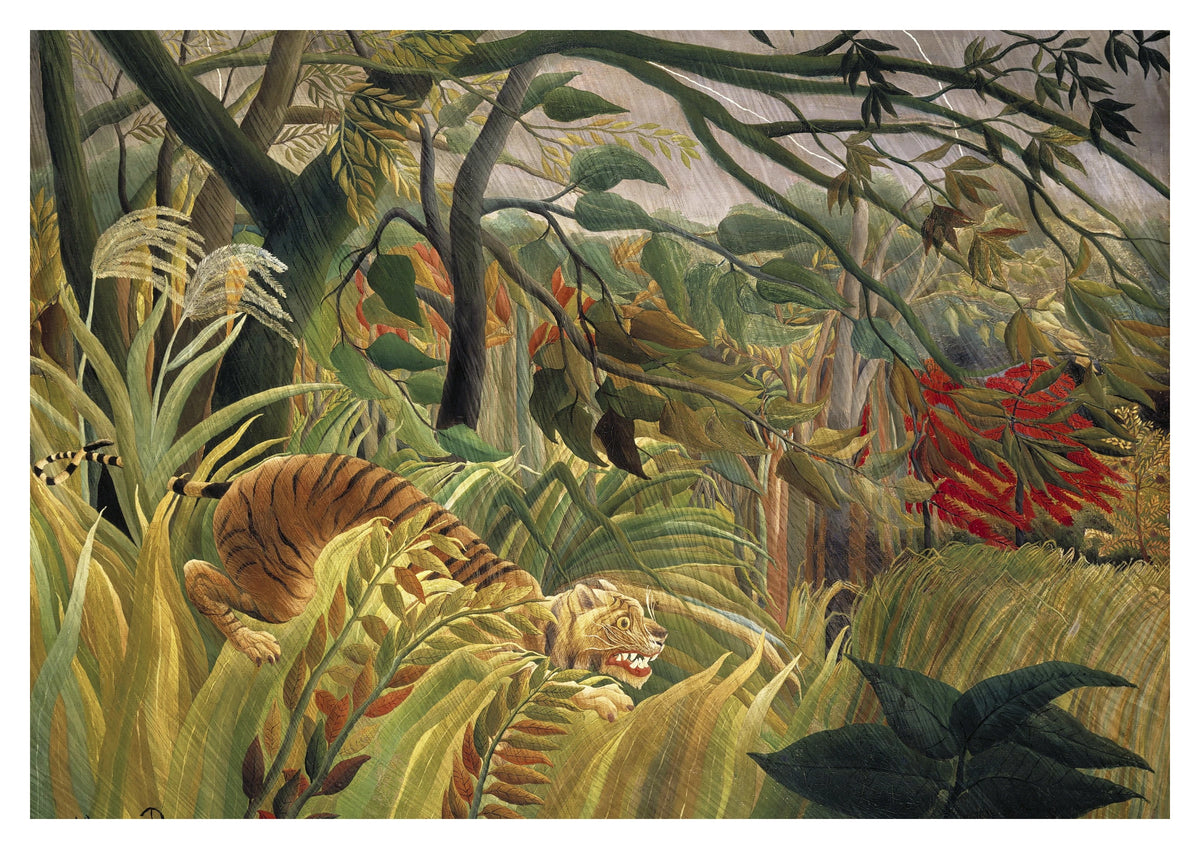 Tiger in a Tropical Storm Art Print by Henri Rousseau. A tiger crouches beneath wind-swept foliage in a richly layered jungle