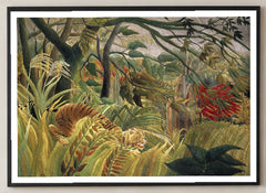 Tiger in a Tropical Storm Art Print by Henri Rousseau in a black frame; close-up of the framed artwork.