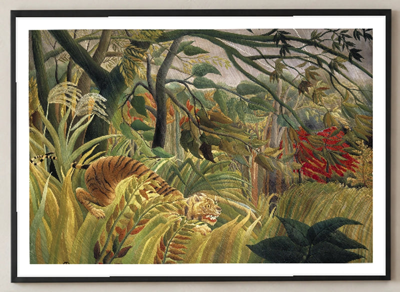 Tiger in a Tropical Storm Art Print by Henri Rousseau in a black frame; close-up of the framed artwork.