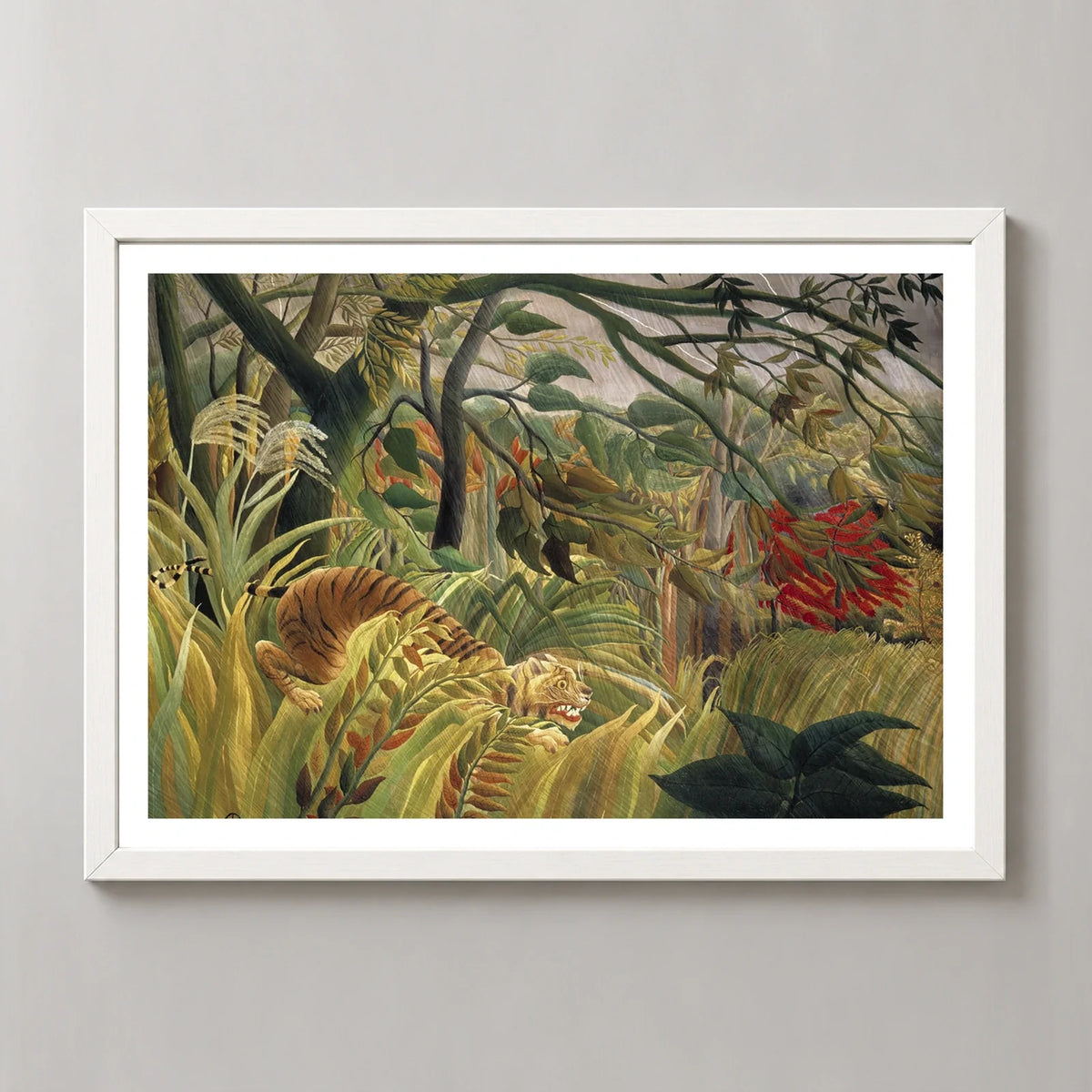 Tiger in a Tropical Storm Art Print by Henri Rousseau in a white frame, front view