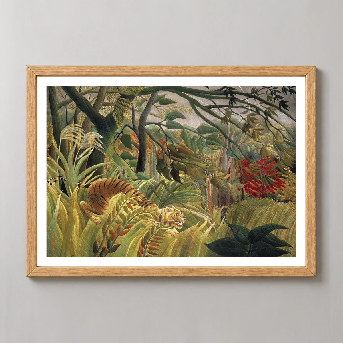 Tiger in a Tropical Storm Art Print by Henri Rousseau in a natural wood frame, front view