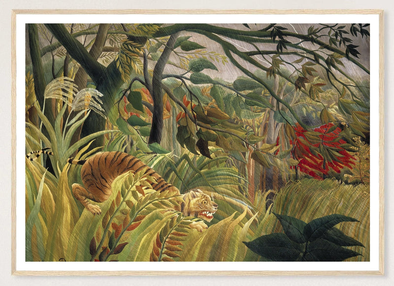 Tiger in a Tropical Storm in a natural wood frame; landscape front-view mockup