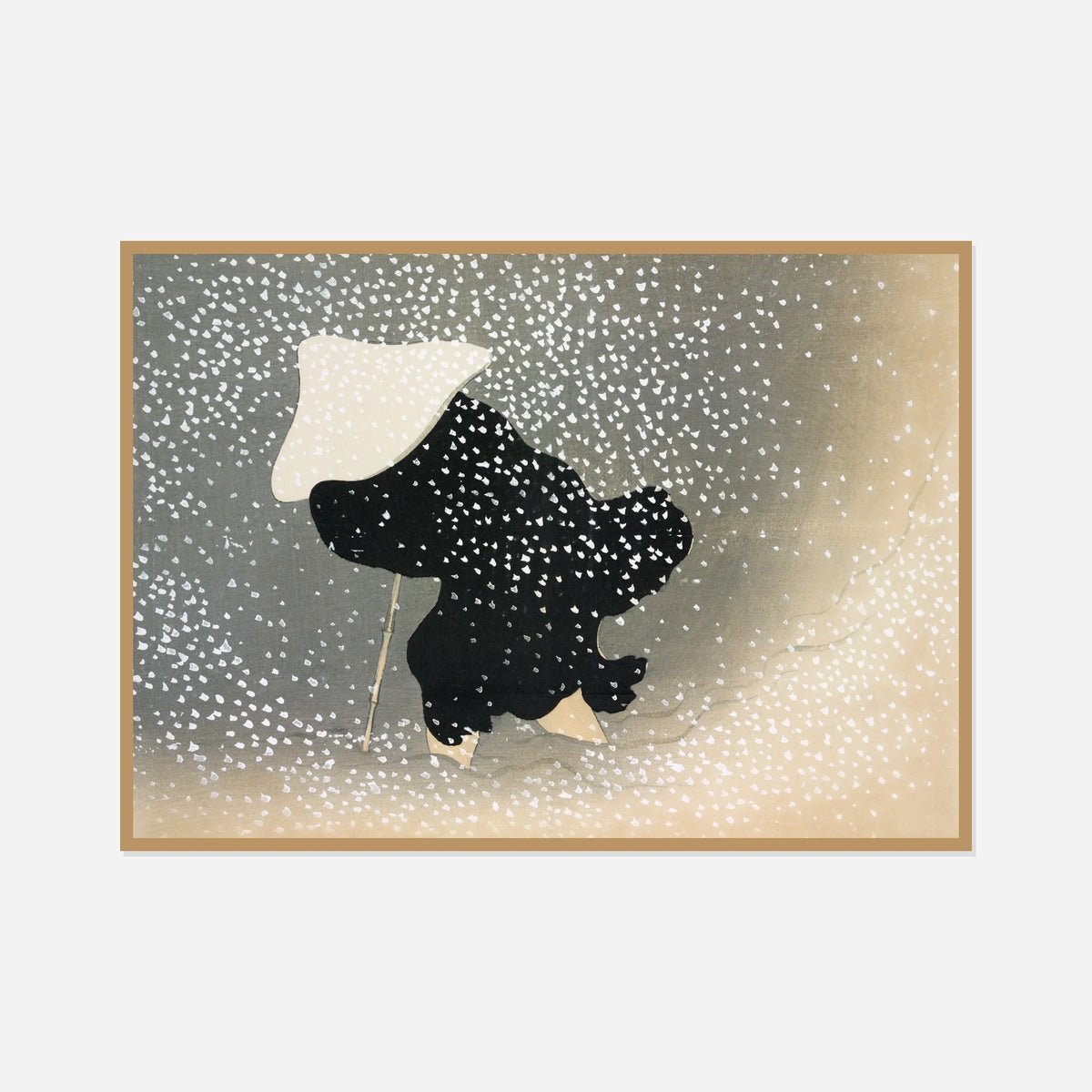 Traveller in Snow — front view in a natural wood frame
