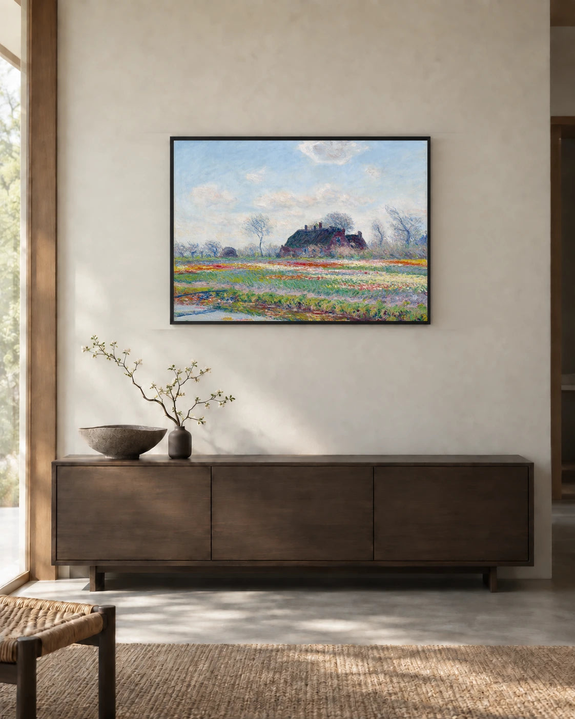 Tulip Fields at Sassenheim — styled room visualisation in a black frame